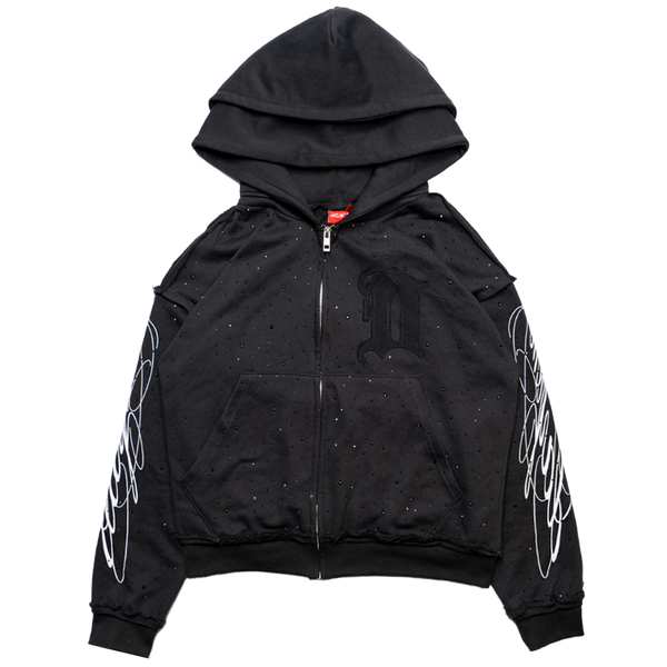 D26-DOUBLE HOOD RHINESTONE ZIP-UP