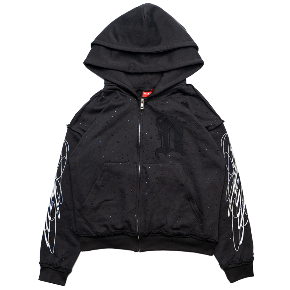 D26-DOUBLE HOOD RHINESTONE ZIP-UP